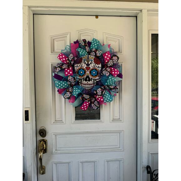 Day of the Dead Sugar Skull Los Dias De Los Muertes Pink Halloween Wreath Decor - Picture 6 of 6